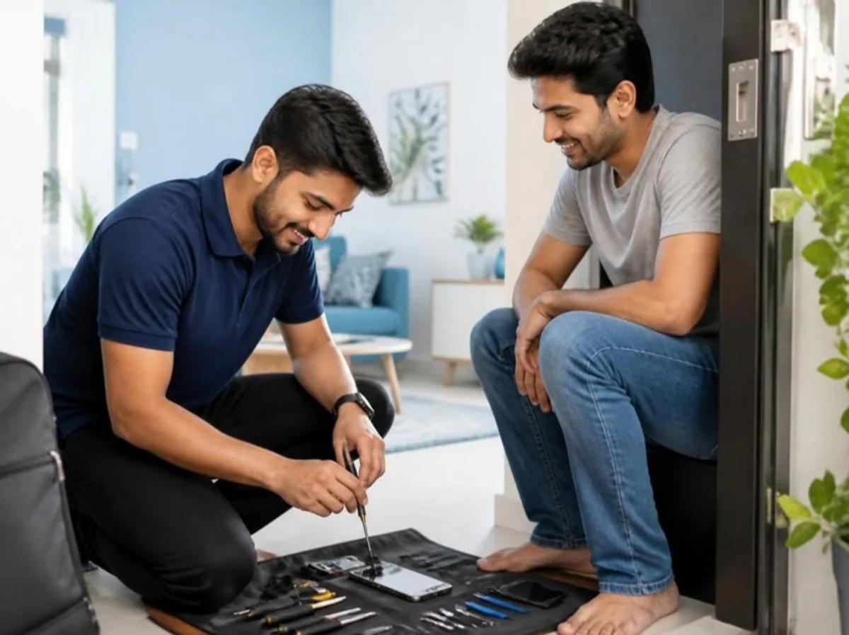 A technician repairing a phone at a customer's doorstep while the customer watches