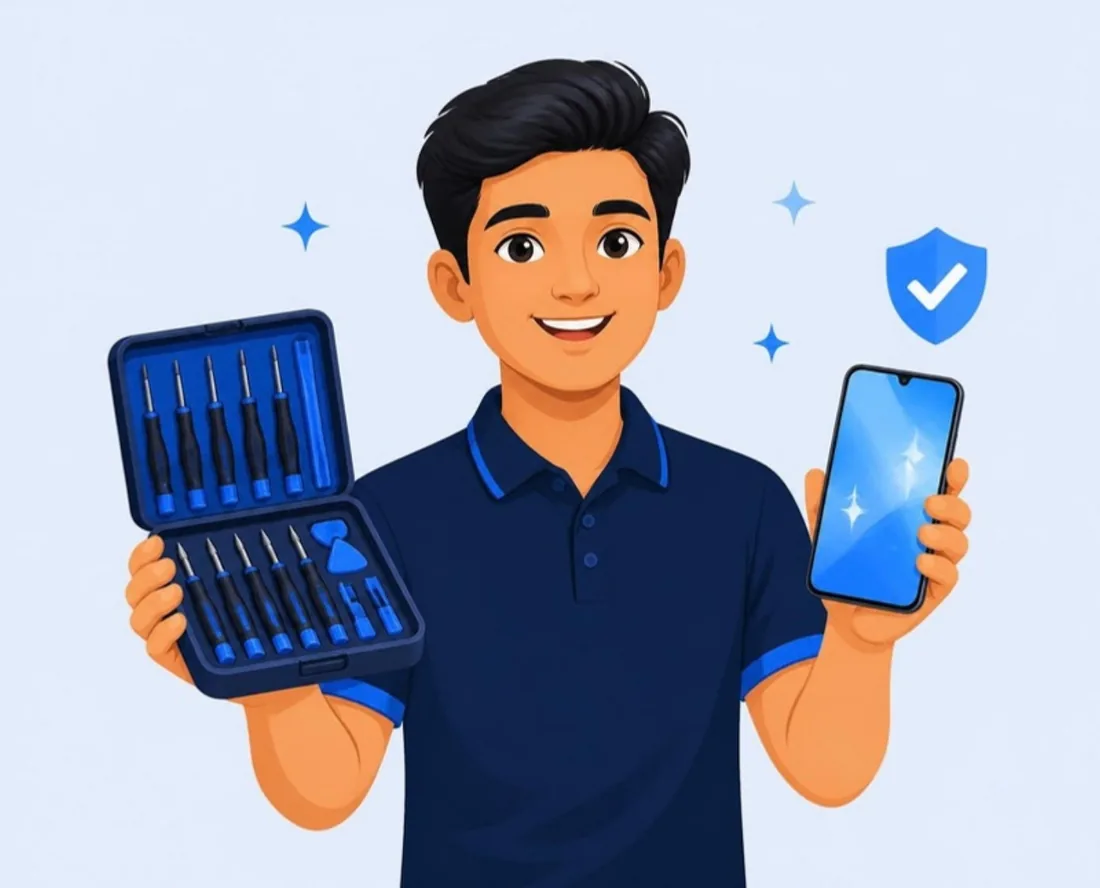A smiling technician holding a toolkit and a repaired phone